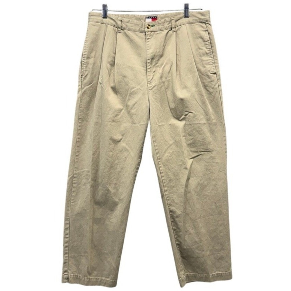 Tommy Hilfiger Mens Pleated Chino Pants Khaki Tan Cotton Twill 36x28 Relaxed Fit
